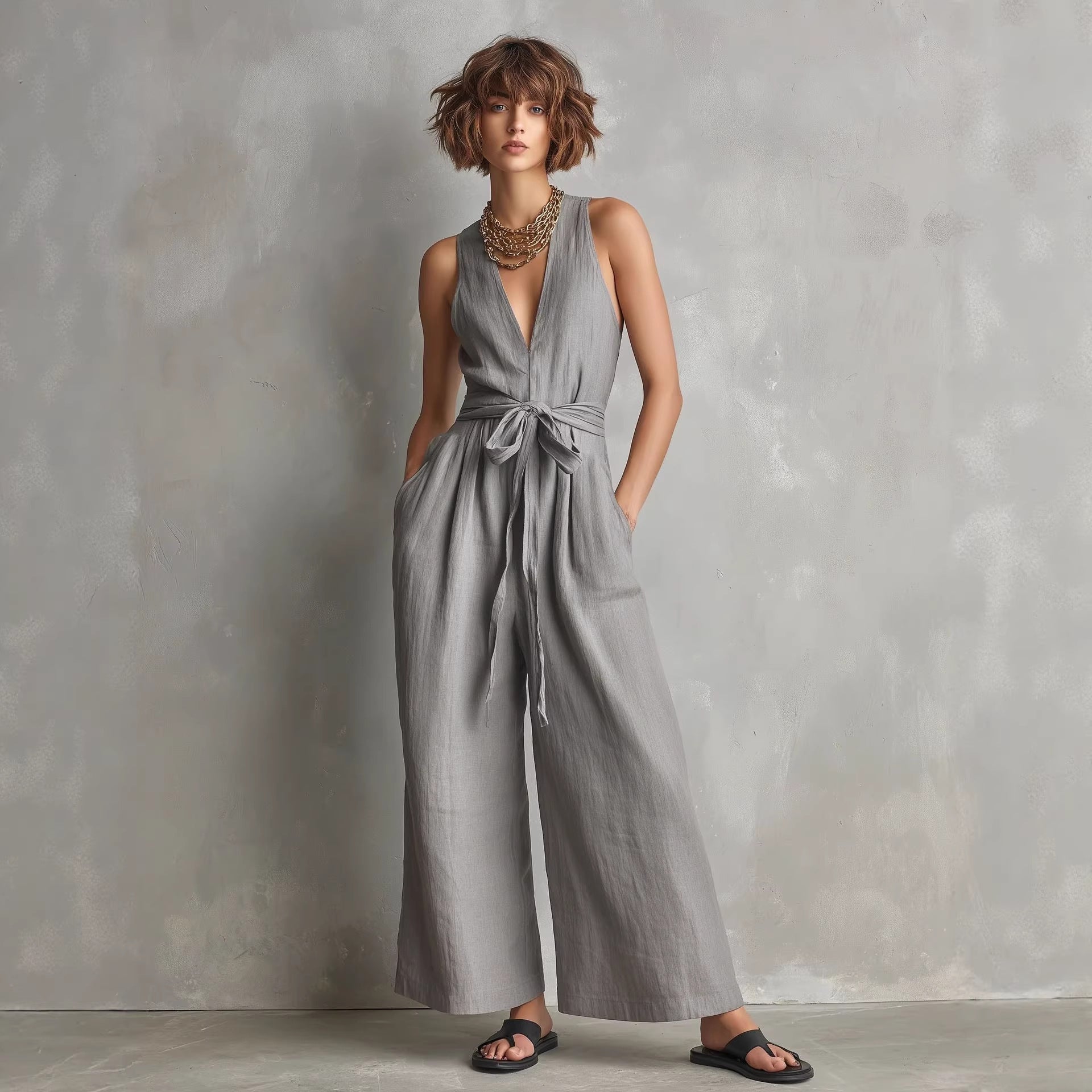 Women's V-Neck Sleeveless Jumpsuit with Waist Tie in Gray - Image 2