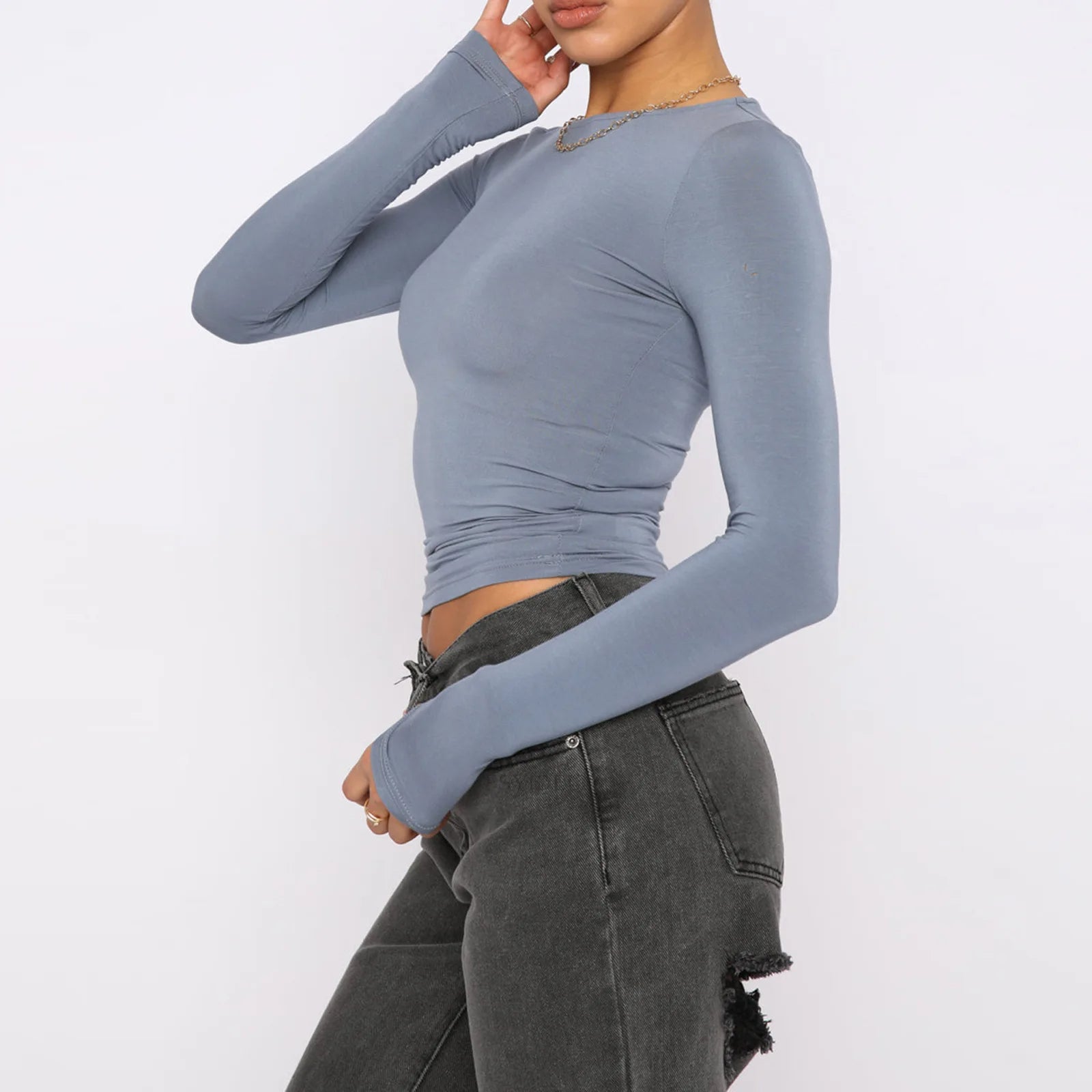 Women's Slim Fit Long Sleeve Crop Top Casual Pullover Shirt - Image 2