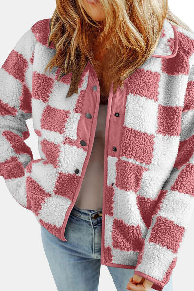Women’s Checkered Snap Down Teddy Jacket in White and Brown