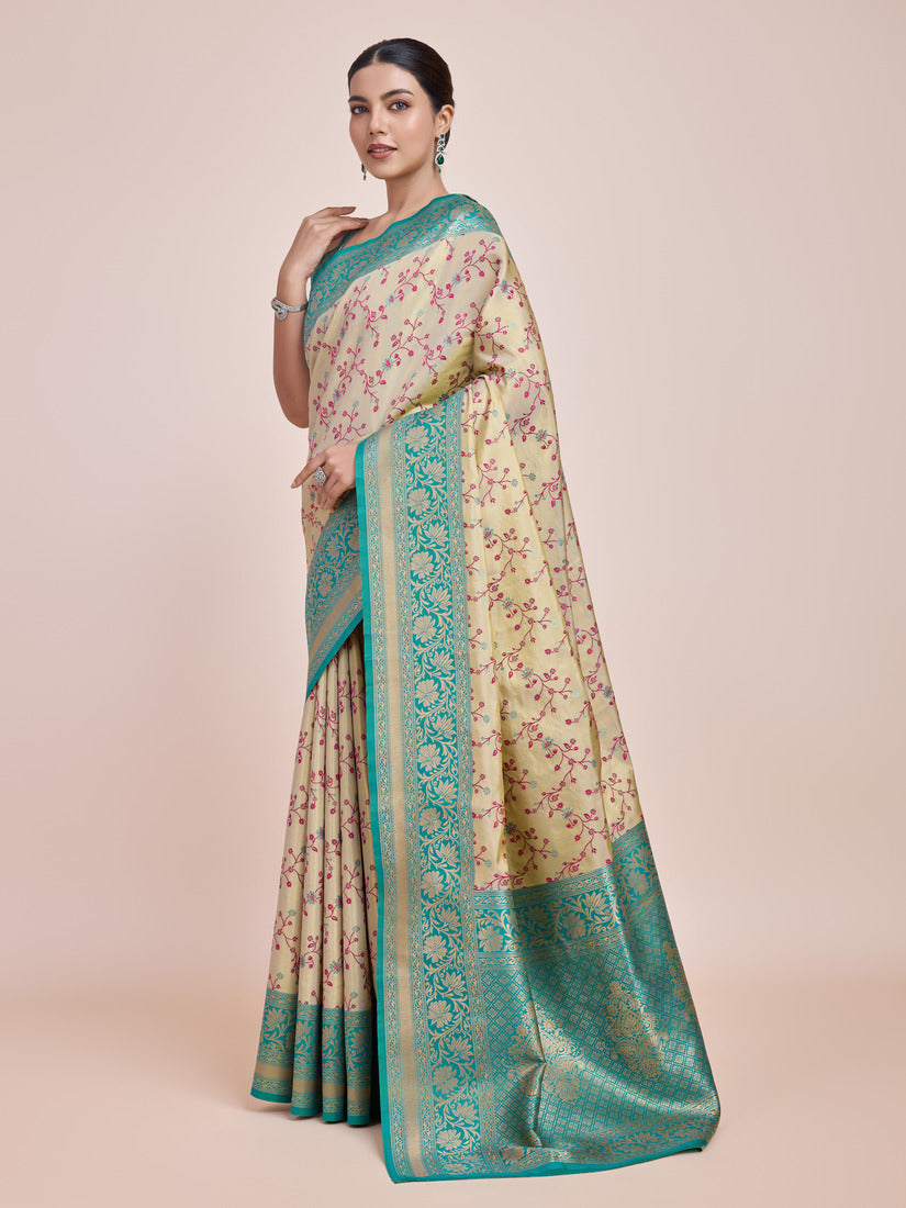 Cream Banarasi Tissue Silk Saree with Zari Woven Details