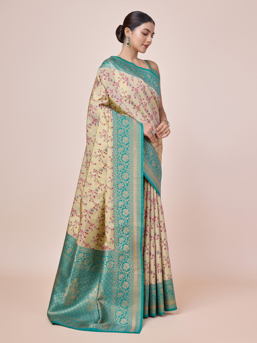 Cream Banarasi Tissue Silk Saree with Zari Woven Details