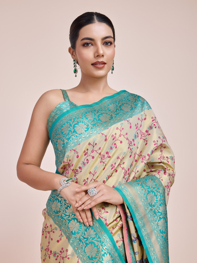Cream Banarasi Tissue Silk Saree with Zari Woven Details