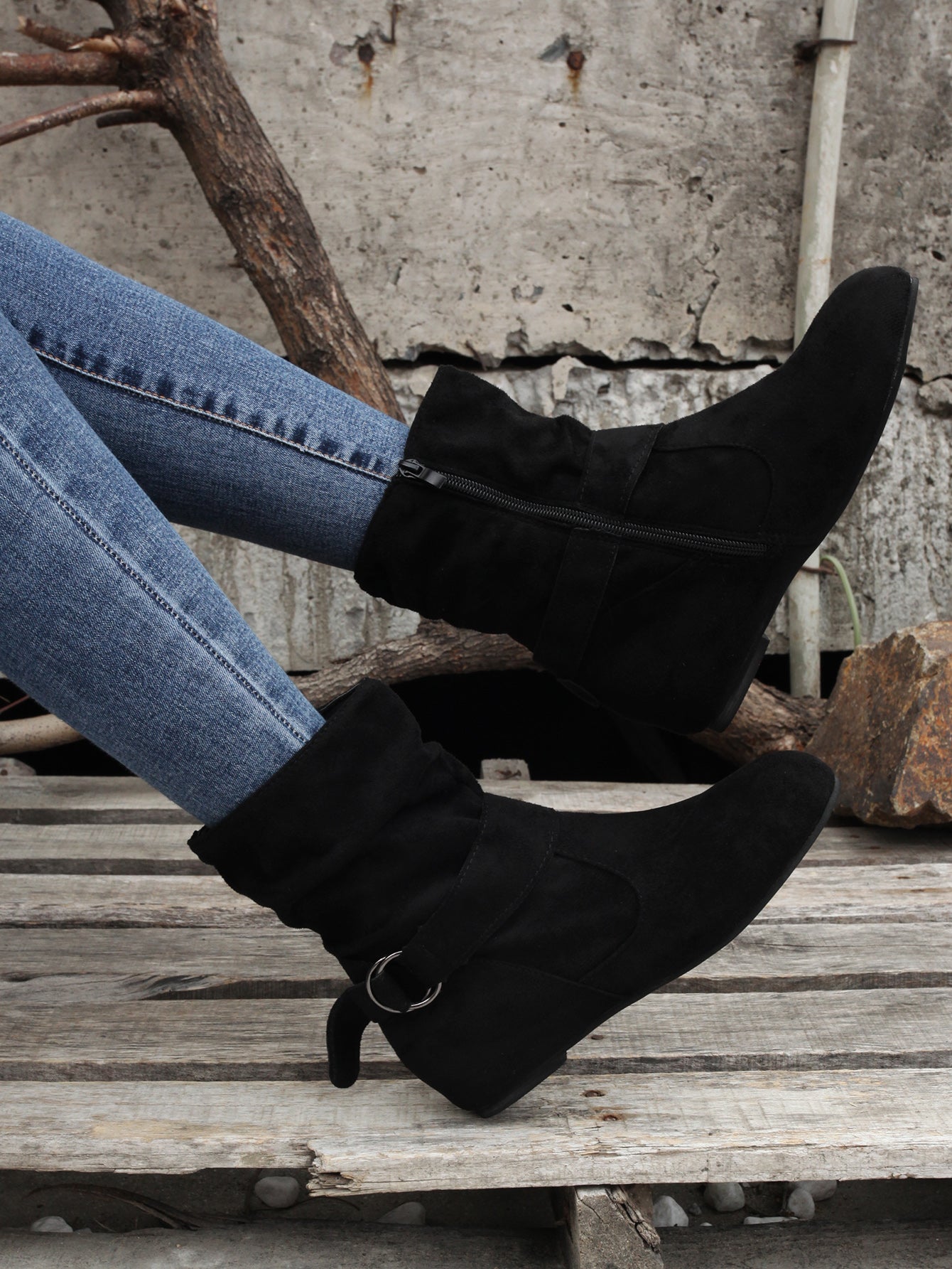 Women's Ankle Boots with Buckle Belt & Side Zip