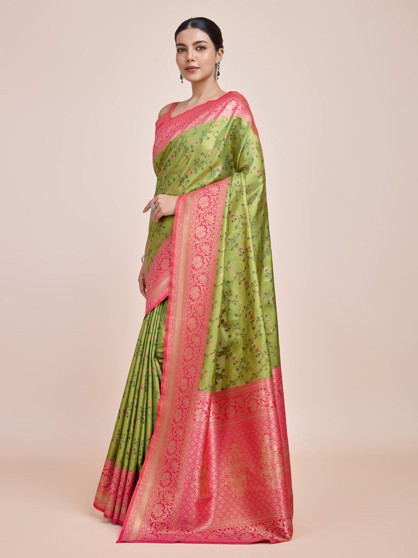 Parrot Green Banarasi Tissue Silk Saree with Zari Woven Work