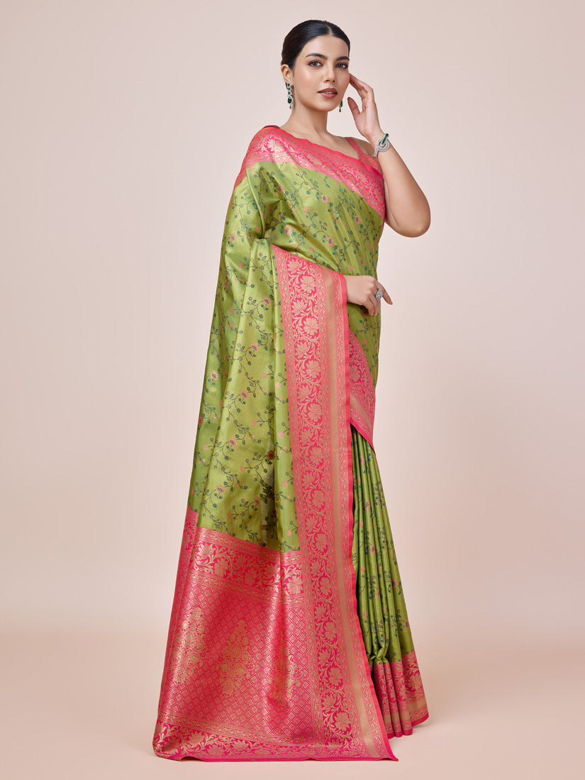 Parrot Green Banarasi Tissue Silk Saree with Zari Woven Work