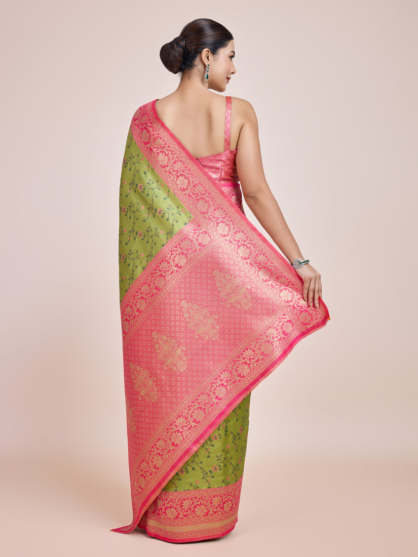 Parrot Green Banarasi Tissue Silk Saree with Zari Woven Work