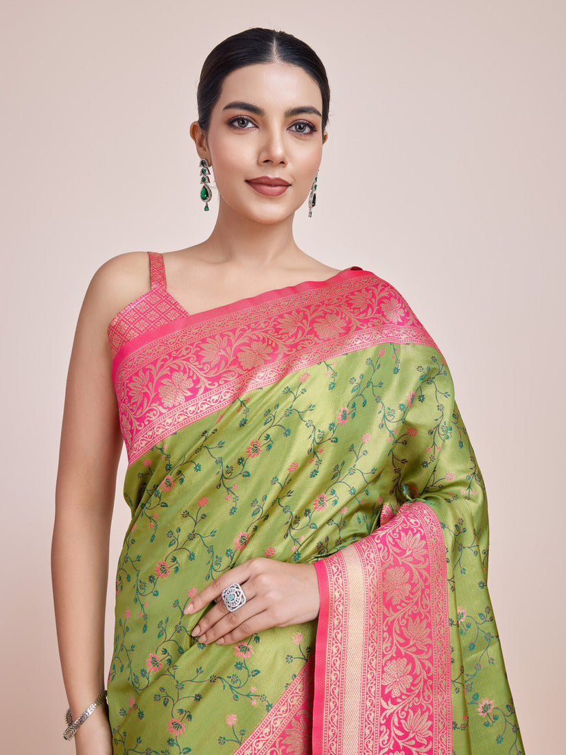 Parrot Green Banarasi Tissue Silk Saree with Zari Woven Work