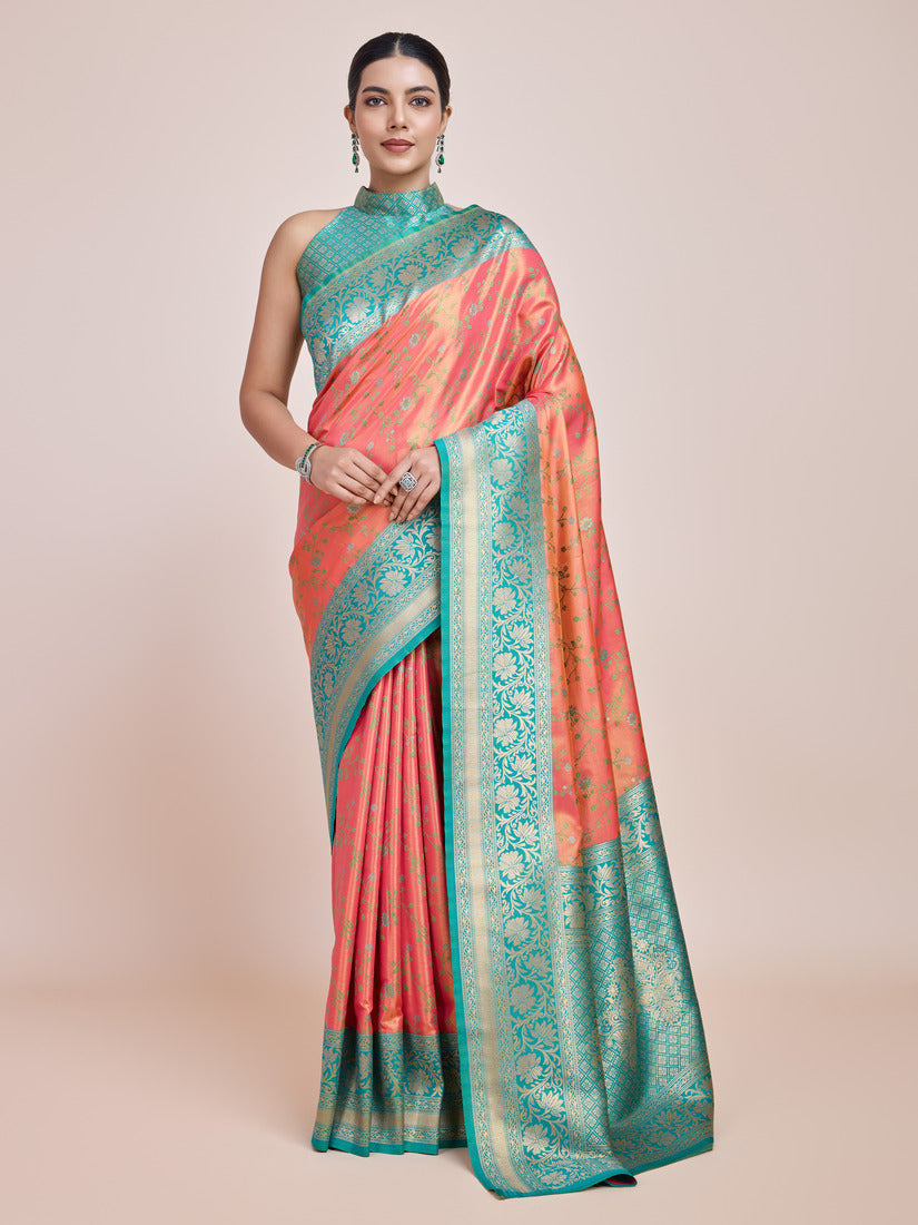 Peach colored Banarasi tissue silk saree with detailed golden zari woven work.