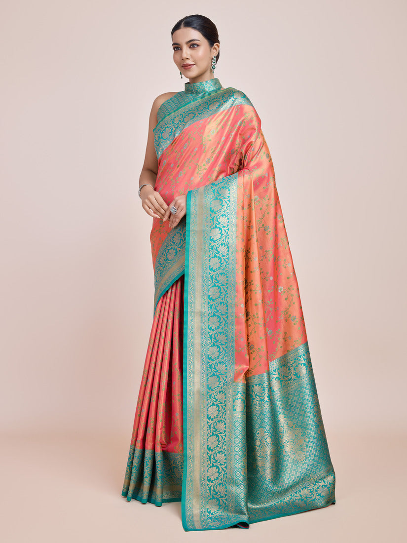 Peach Banarasi Tissue Silk Saree with Elegant Zari Woven Work