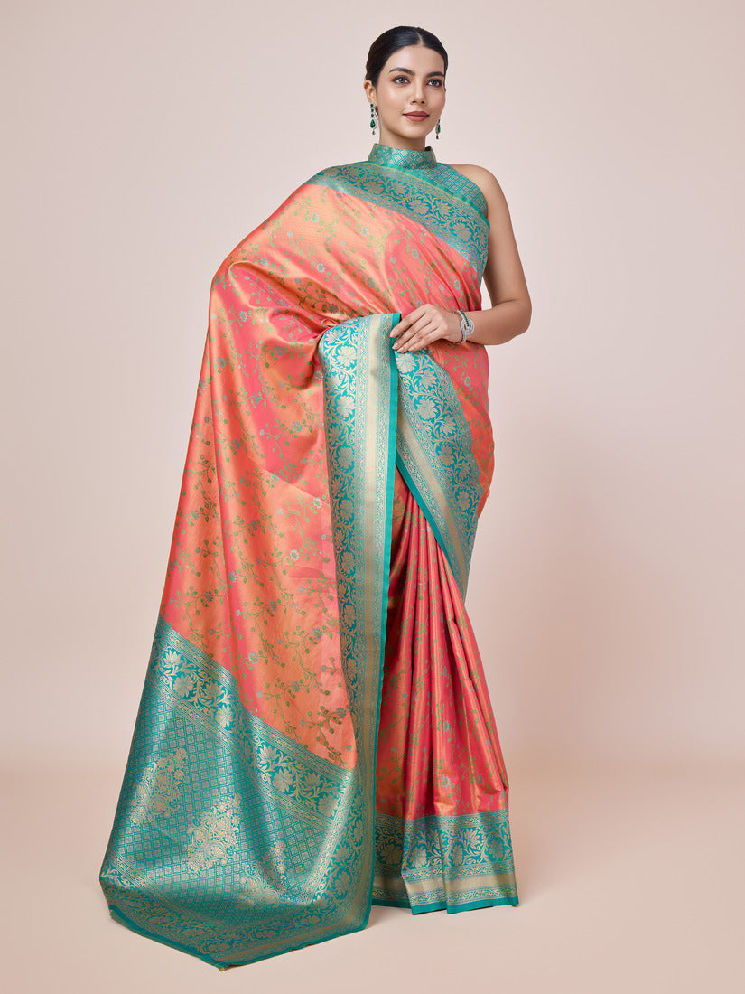 Peach Banarasi Tissue Silk Saree with Elegant Zari Woven Work