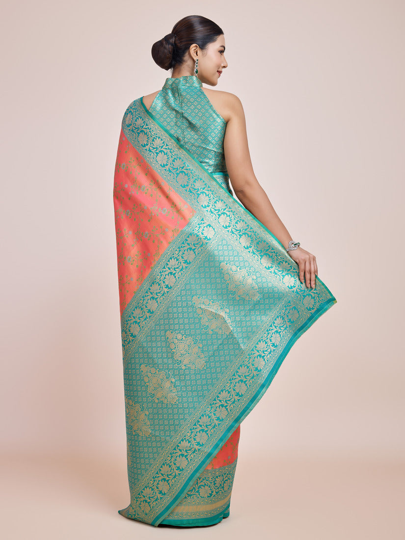 Peach Banarasi Tissue Silk Saree with Elegant Zari Woven Work