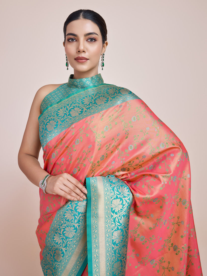 Peach Banarasi Tissue Silk Saree with Elegant Zari Woven Work