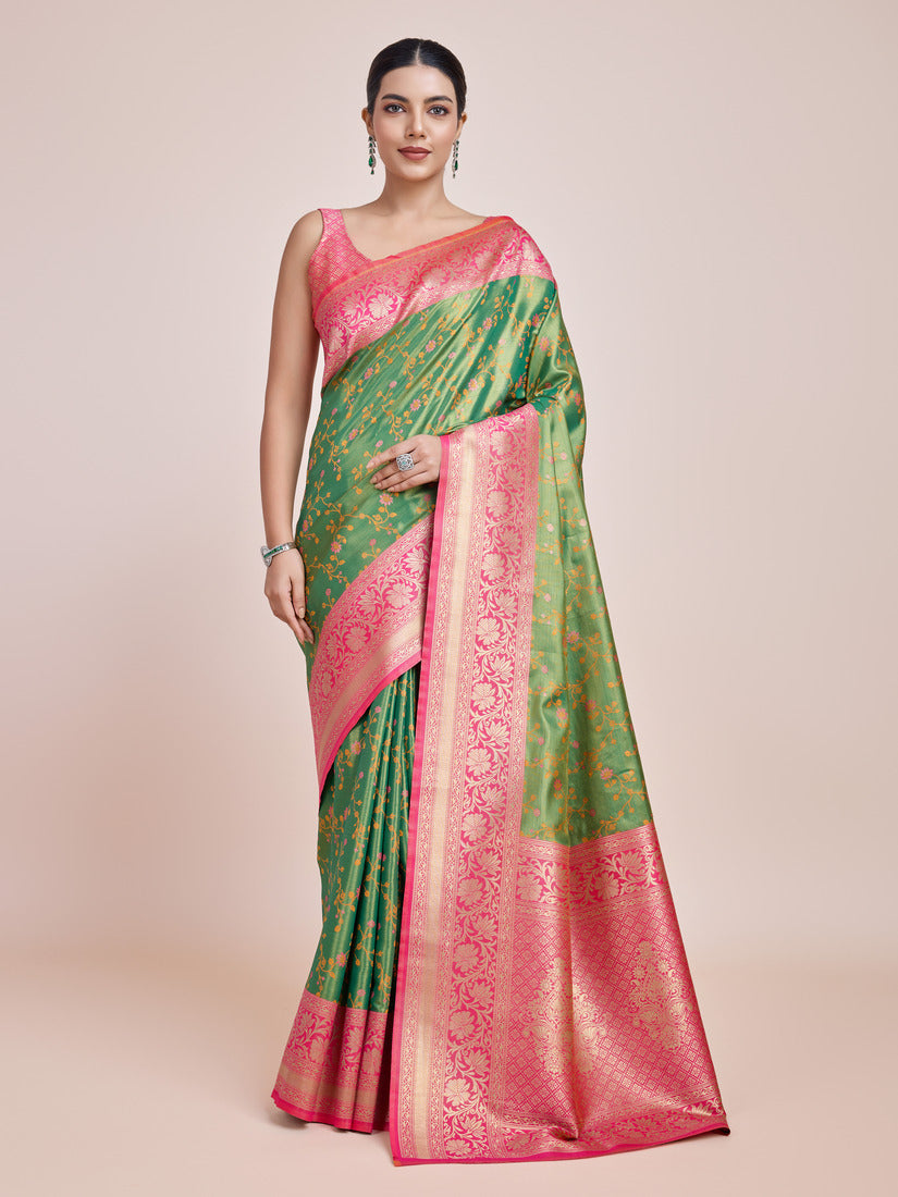 Elegant green Banarasi tissue silk saree with intricate gold zari woven details