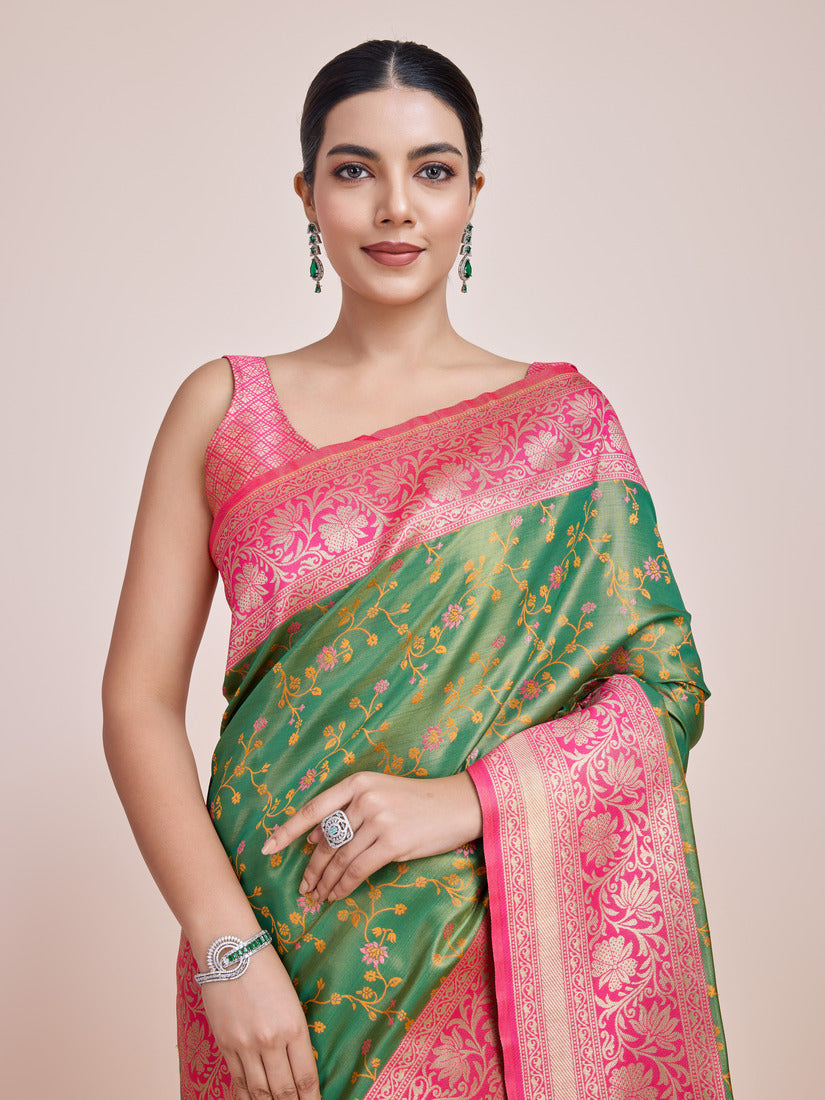 Green Banarasi Tissue Silk Saree with Traditional Zari Woven Work