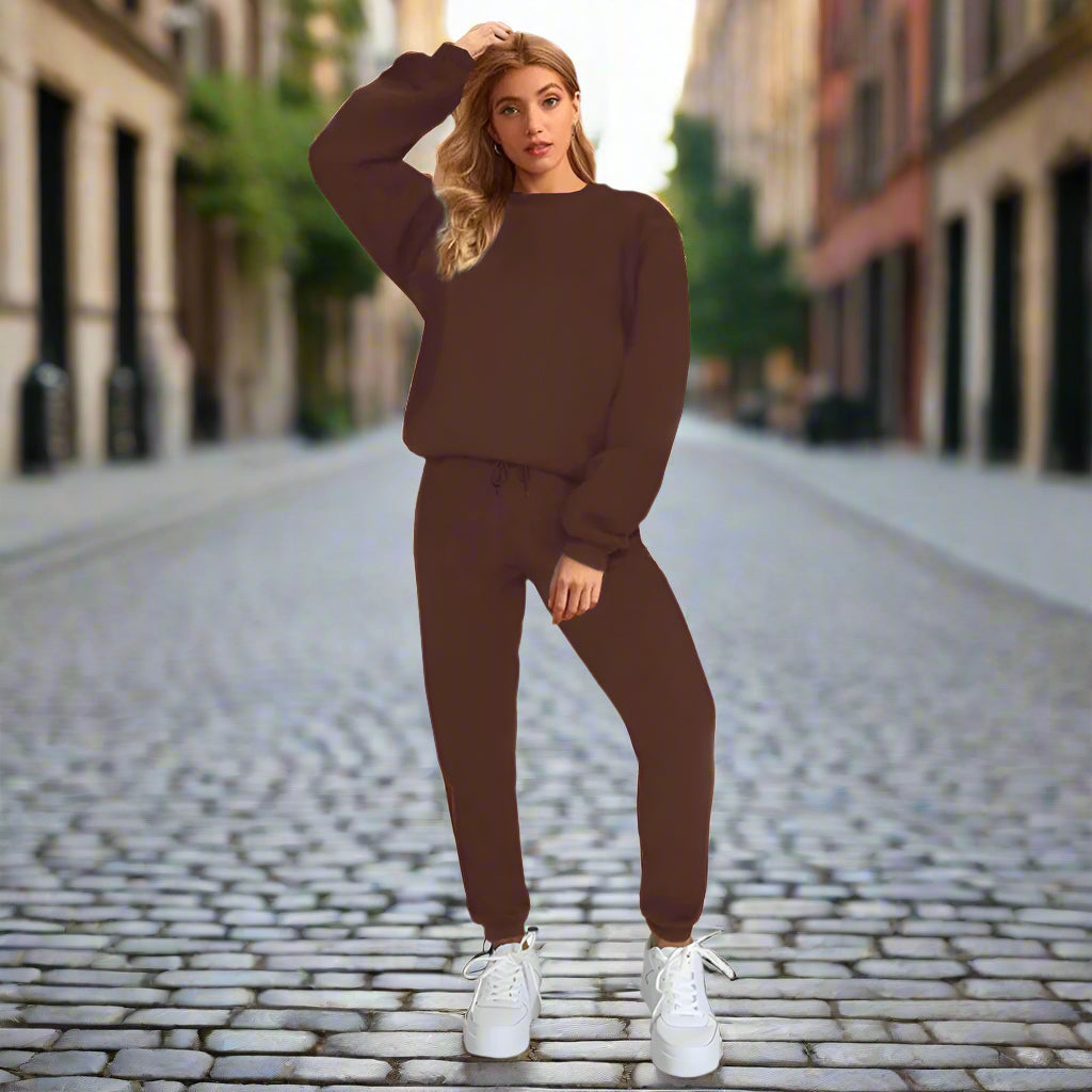 Women's Solid Color Round Neck Pullover Sweatshirt & Jogger Set - Image 7