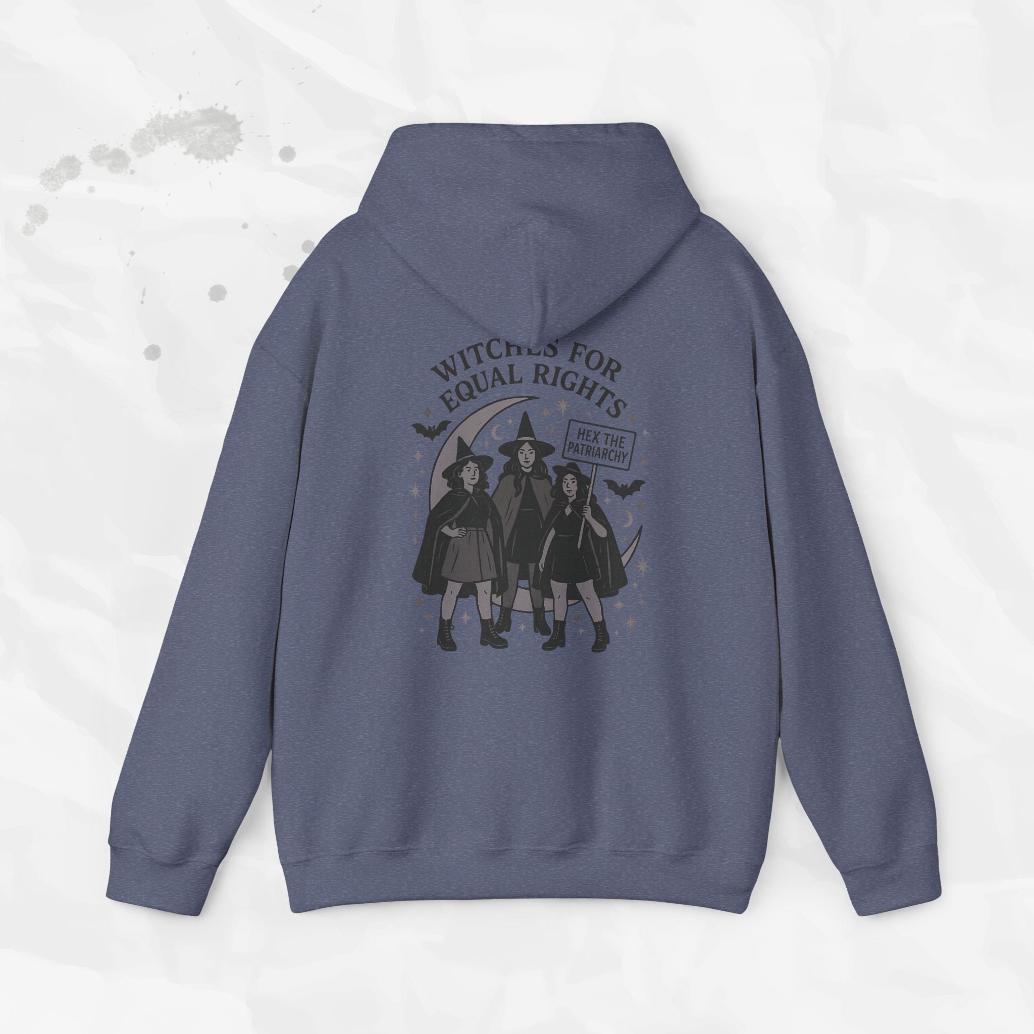 Back view of a grey and a blue hoodie with a Witches for Equal Rights graphic print