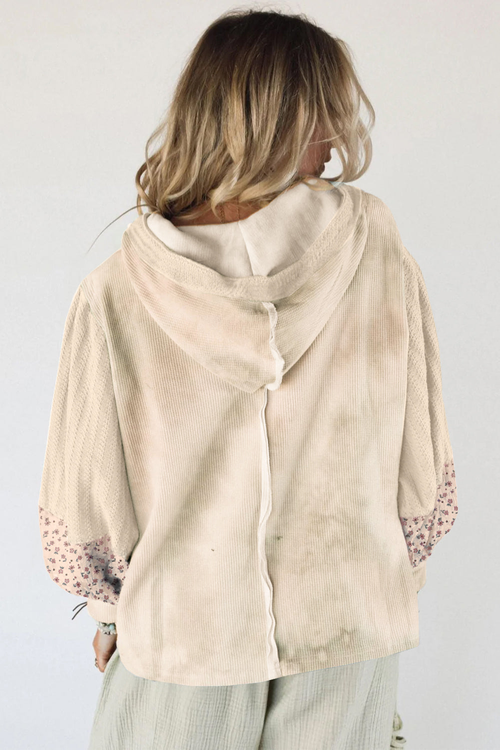 Beige Floral Textured Colorblock Patchwork Bishop Sleeve Hooded Top