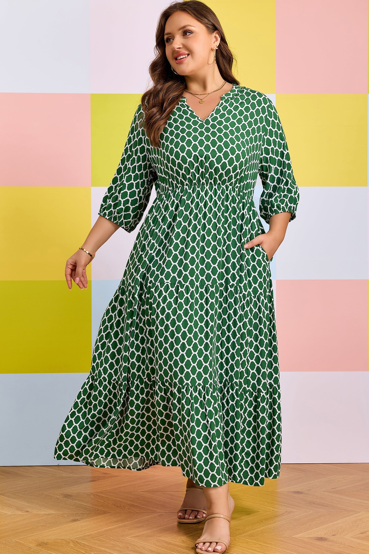 Johanna Ruffle Hem Geometric Print V-Neck Midi Dress