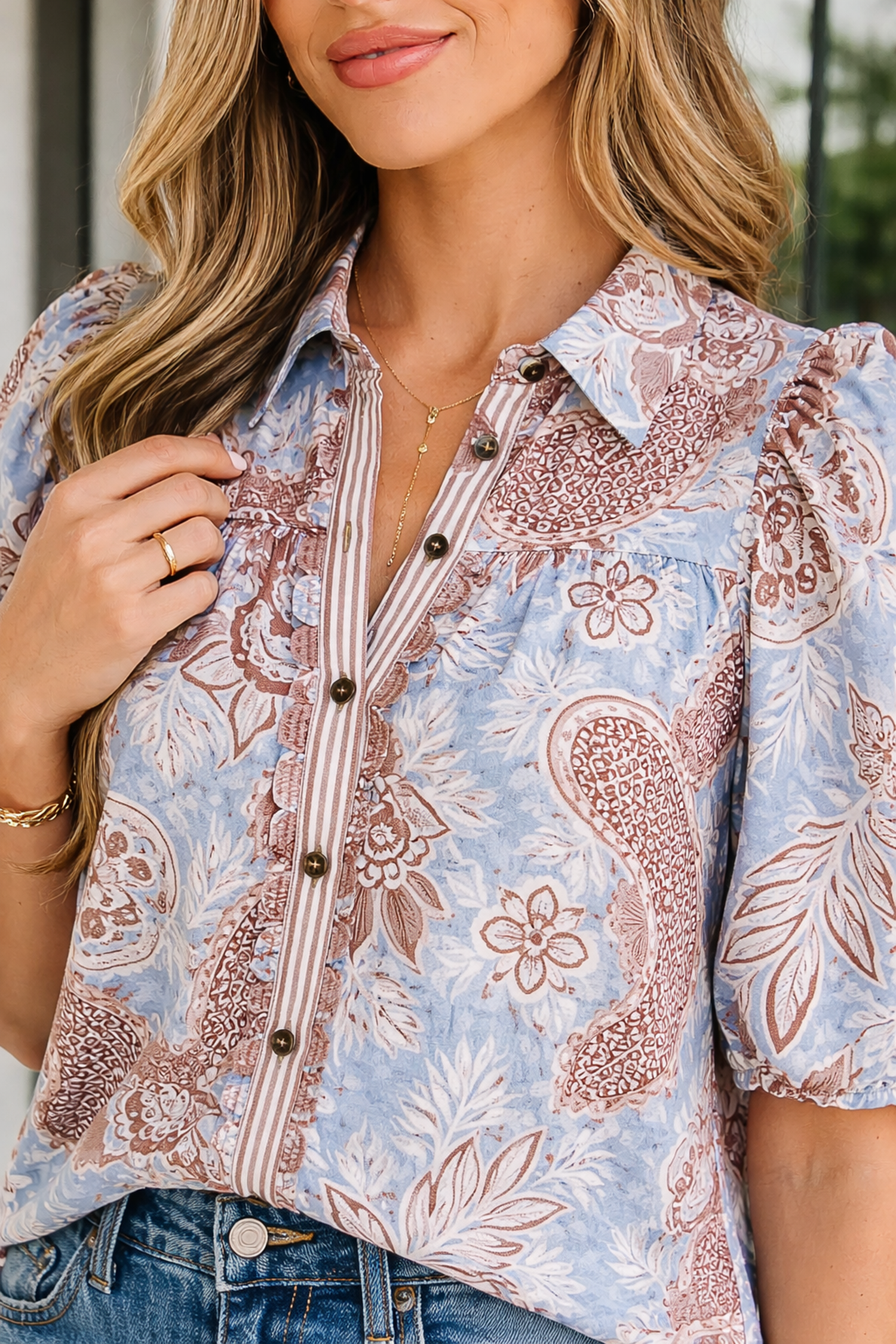 Athena Floral & Paisley Print Short Sleeve Boho Shirt