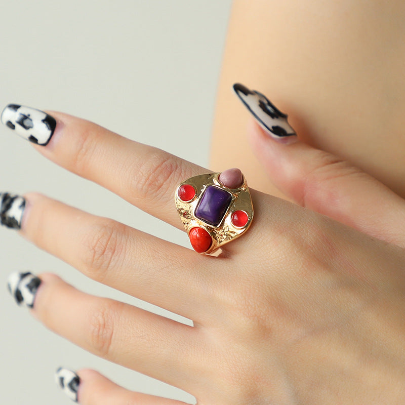 Kenjay European And American Antique Ring Cross-border Fashion Design Popular Jewelry Turquoise Tiger Eye Vintage Ring