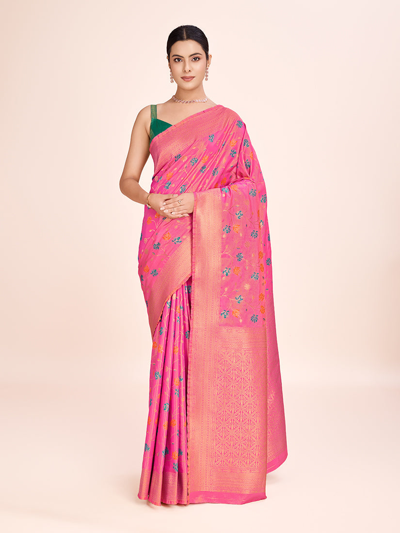 Light Pink Banarasi Tissue Silk Saree with ornate Zari weaving for a regal look