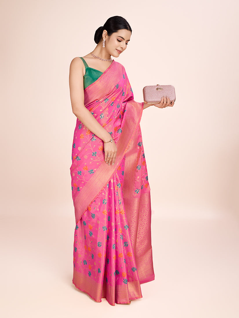 Light Pink Banarasi Tissue Silk Saree with Regal Zari Design