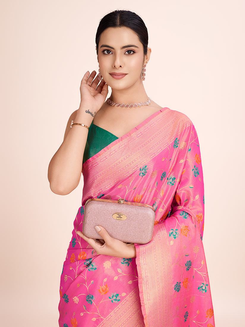 Light Pink Banarasi Tissue Silk Saree with Regal Zari Design
