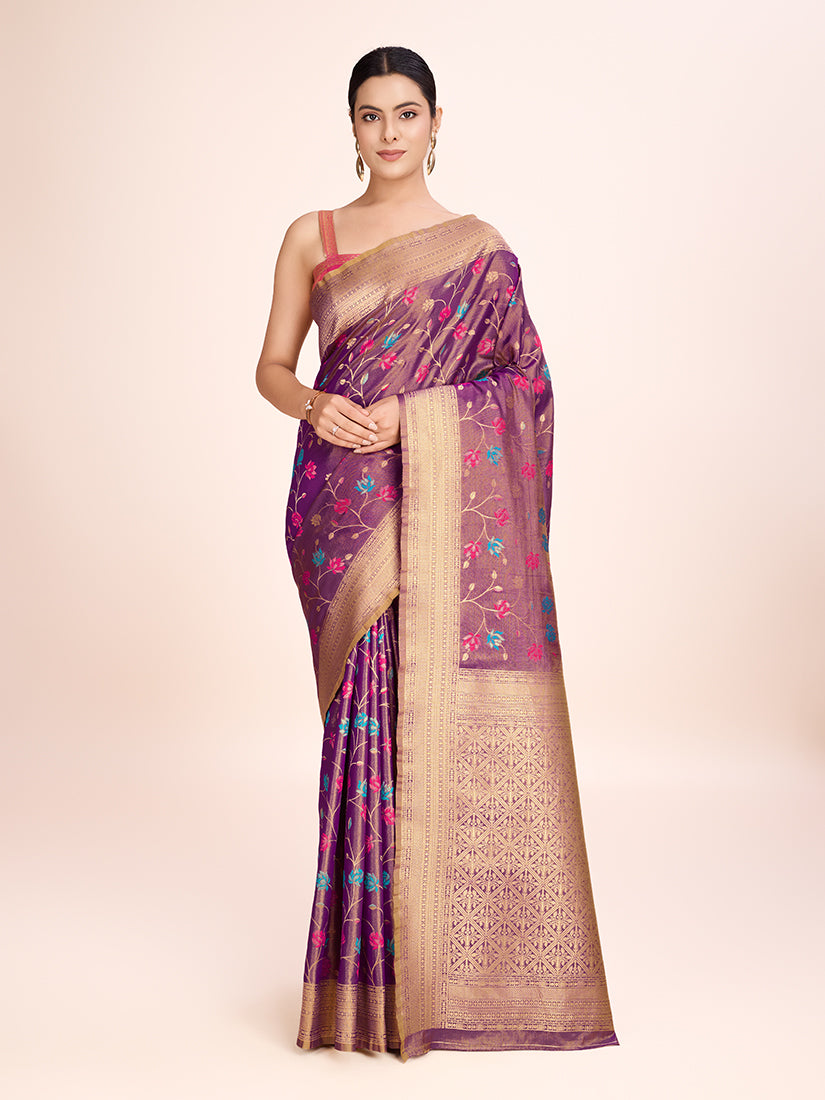 Light Brown Banarasi Tissue Silk Saree with ornate gold zari designs