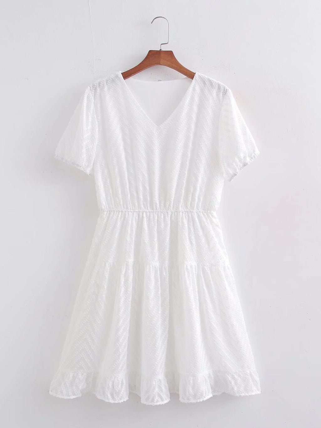 Spring Women Clothing Simple Graceful V neck Solid Color Short Sleeve Dress