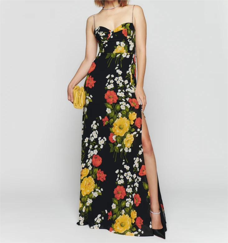 Spring Floral Printed Sexy Slim Fit Slimming Lace Up Bow Suspenders Mid Length Dress