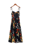 Spring Floral Printed Sexy Slim Fit Slimming Lace Up Bow Suspenders Mid Length Dress