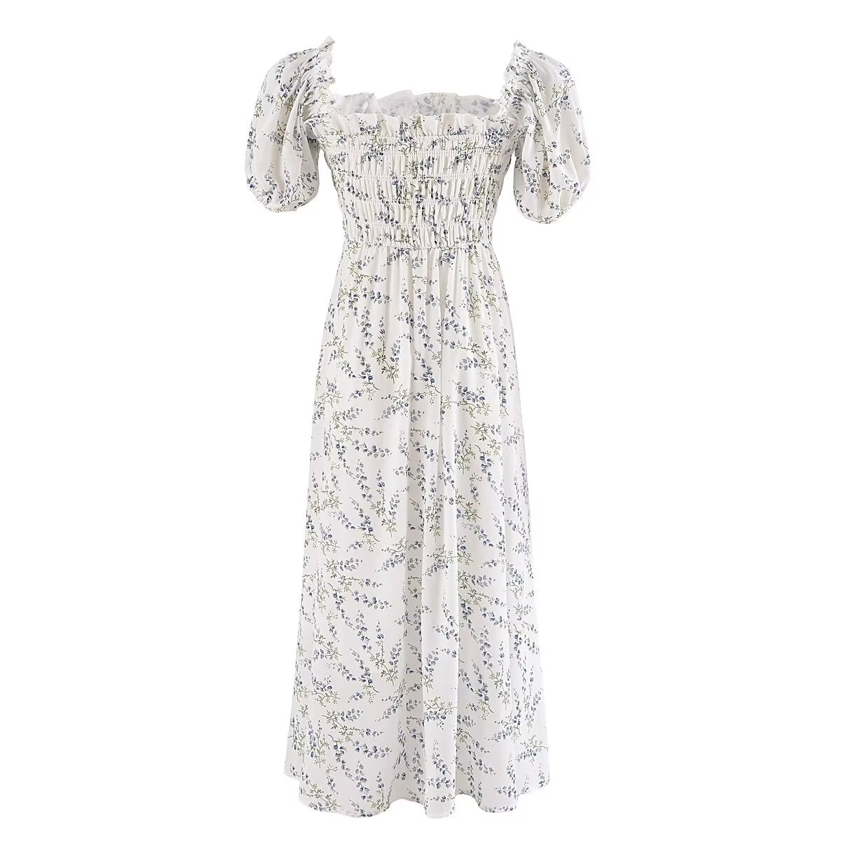 Summer EarPrinted Puff Sleeve Elastic Maxi Dress