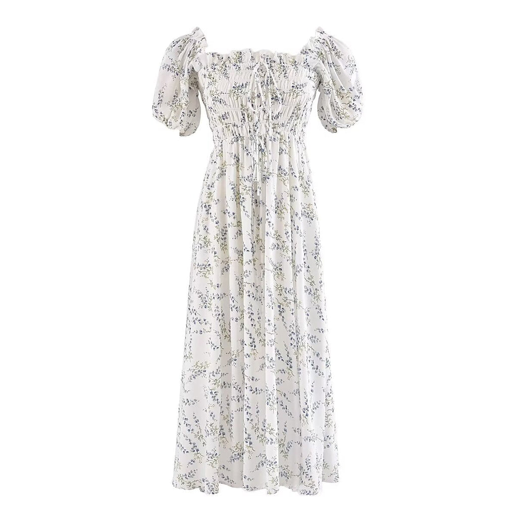 Summer EarPrinted Puff Sleeve Elastic Maxi Dress