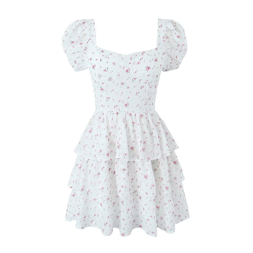 Spring Summer Niche Design Sexy Slim Print Puff Sleeve Short Mini Dress Women