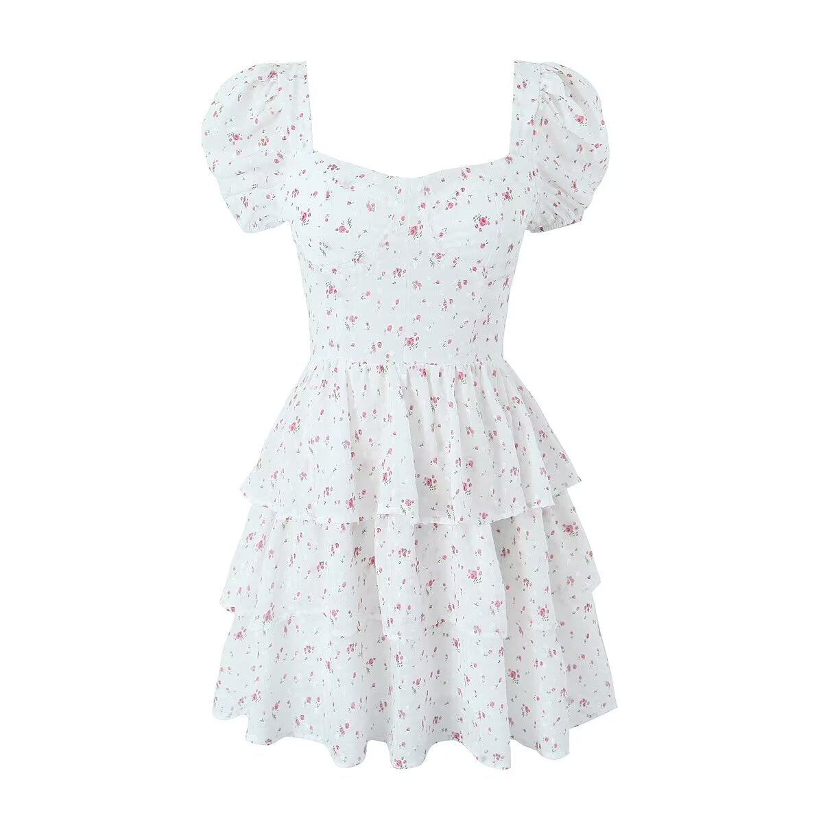 Spring Summer Niche Design Sexy Slim Print Puff Sleeve Short Mini Dress Women
