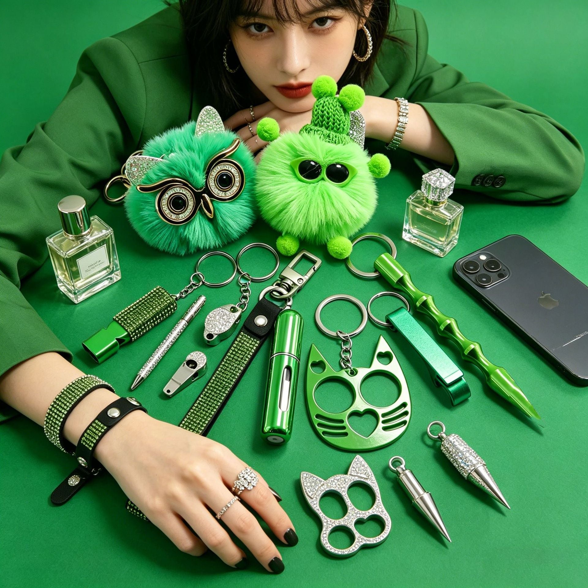 Colorful Ins Little Coal Ball self-defense keychain set with faux-fur pom and metallic accessories