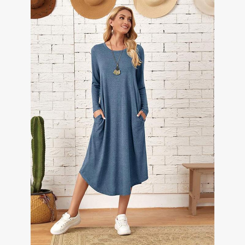 Women's Long Sleeve Cotton Blend Midi Dress with Side Pockets - Image 2