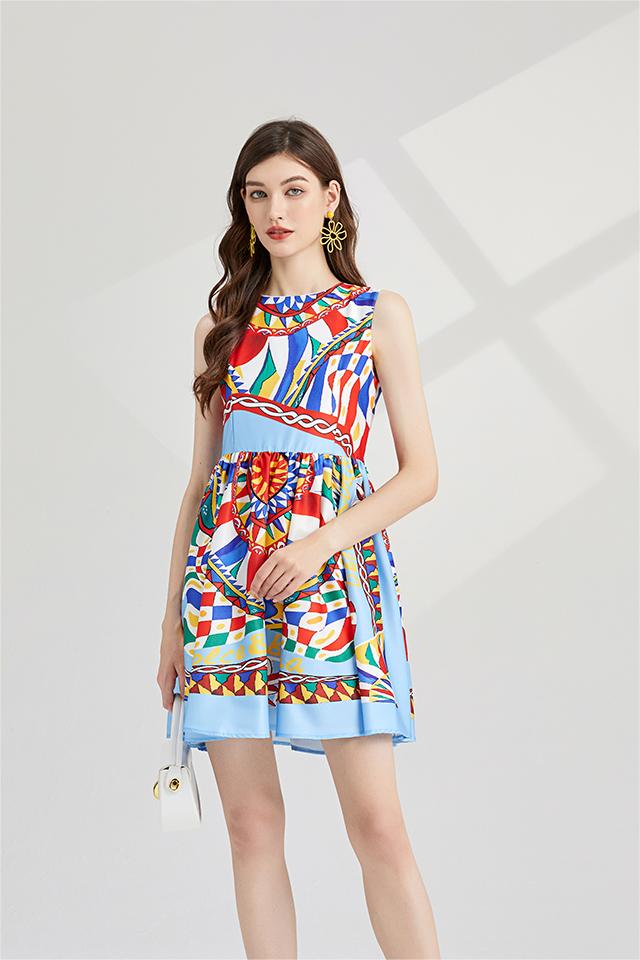 Women New Summer New Round Neck Printed Slim fit Large Swing dress High Waist A line Dress