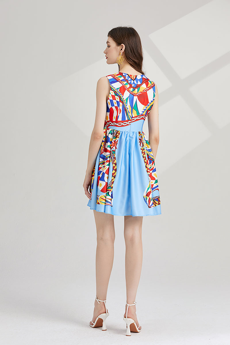 Women New Summer New Round Neck Printed Slim fit Large Swing dress High Waist A line Dress