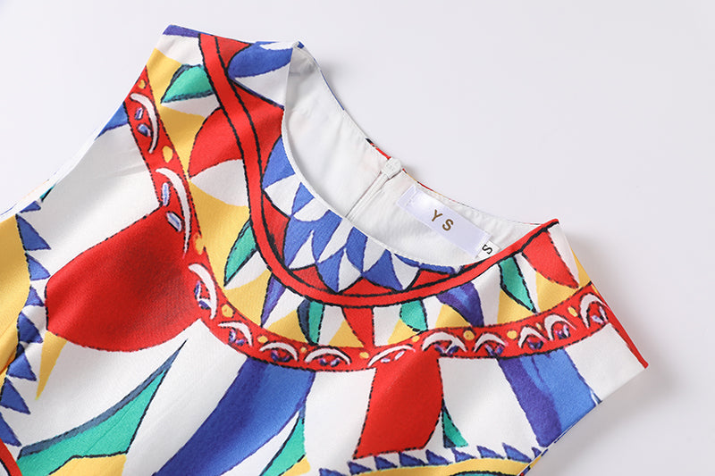 Women New Summer New Round Neck Printed Slim fit Large Swing dress High Waist A line Dress