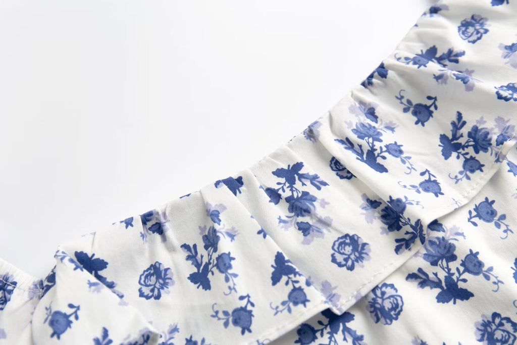 Early Spring French Retro Debutante Square Collar Lace Flying Sleeves Floral Print Slit Dress