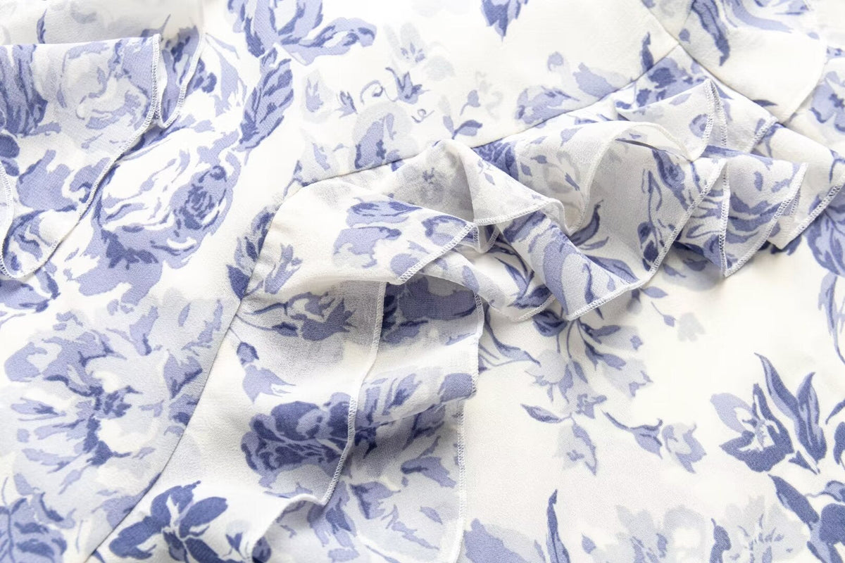 Spring Summer French Elegant Classical Printing Slip Dress Women Ruffled U Neck Maxi Dress