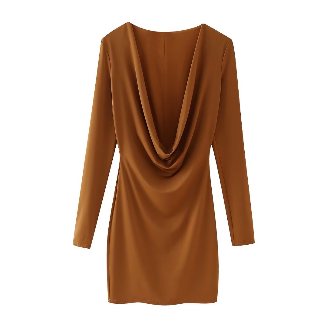 Women Clothing Summer Arrival Solid Color V neck Flared Long Sleeve Halter Sheath Dress