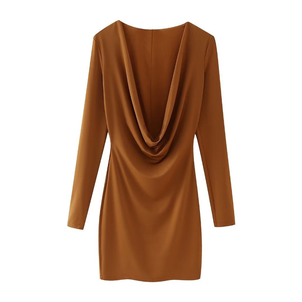 Women Clothing Summer Arrival Solid Color V neck Flared Long Sleeve Halter Sheath Dress