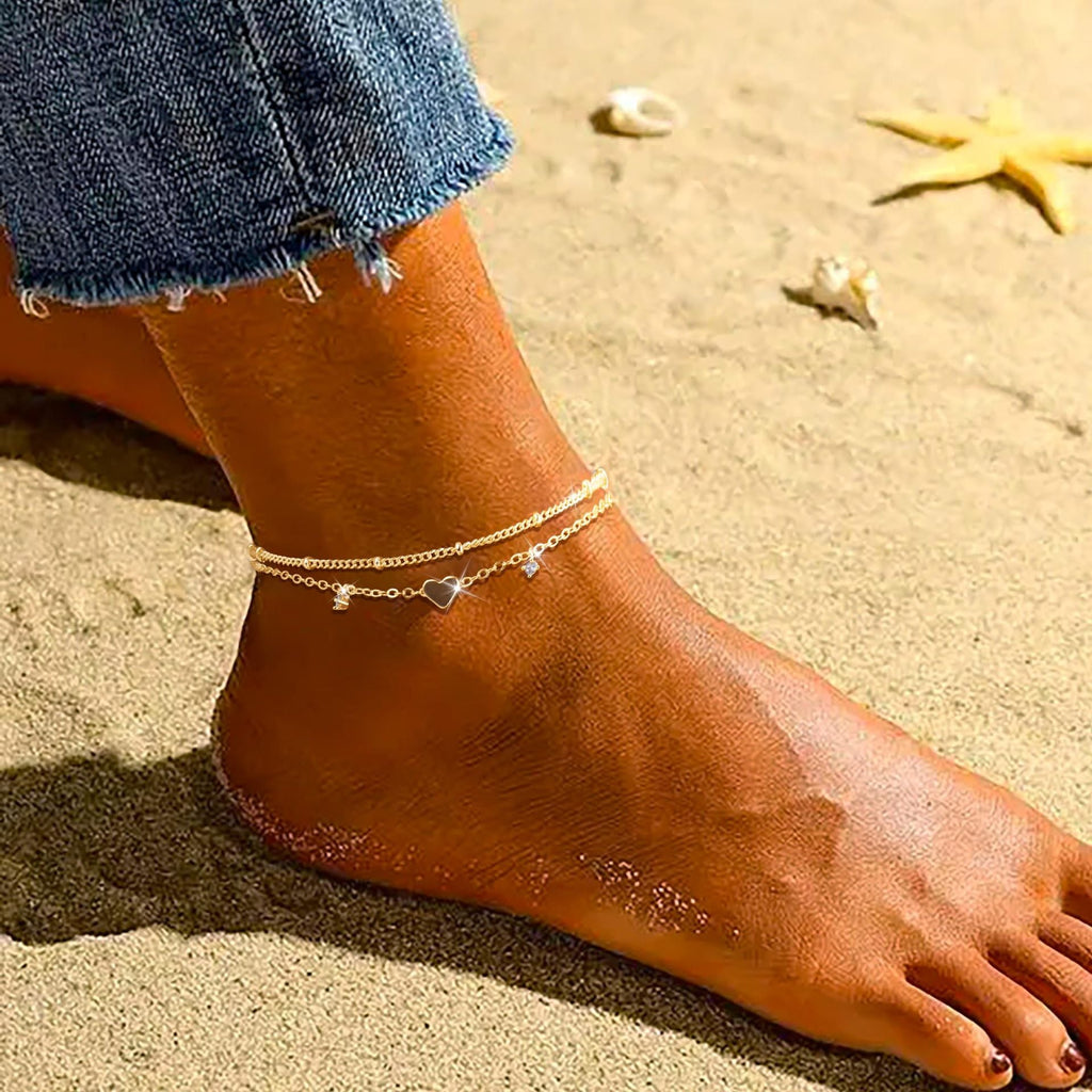 Dainty Heart-Shaped Zircon Anklet in Gold or Silver Finish