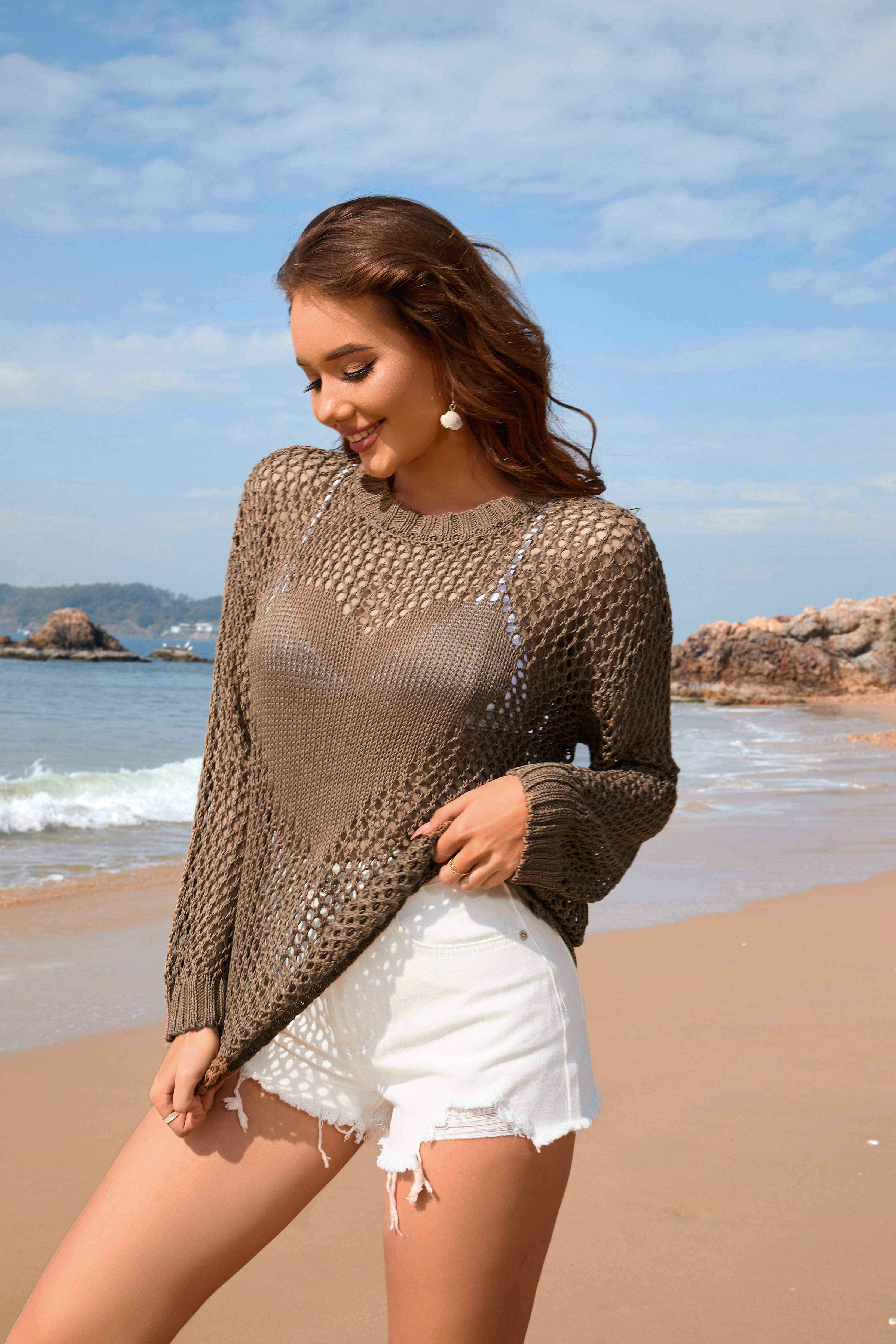 Summer Women Knitwear Round Neck Love Beach Cover Up Vacation Solid Color Women Knitwear