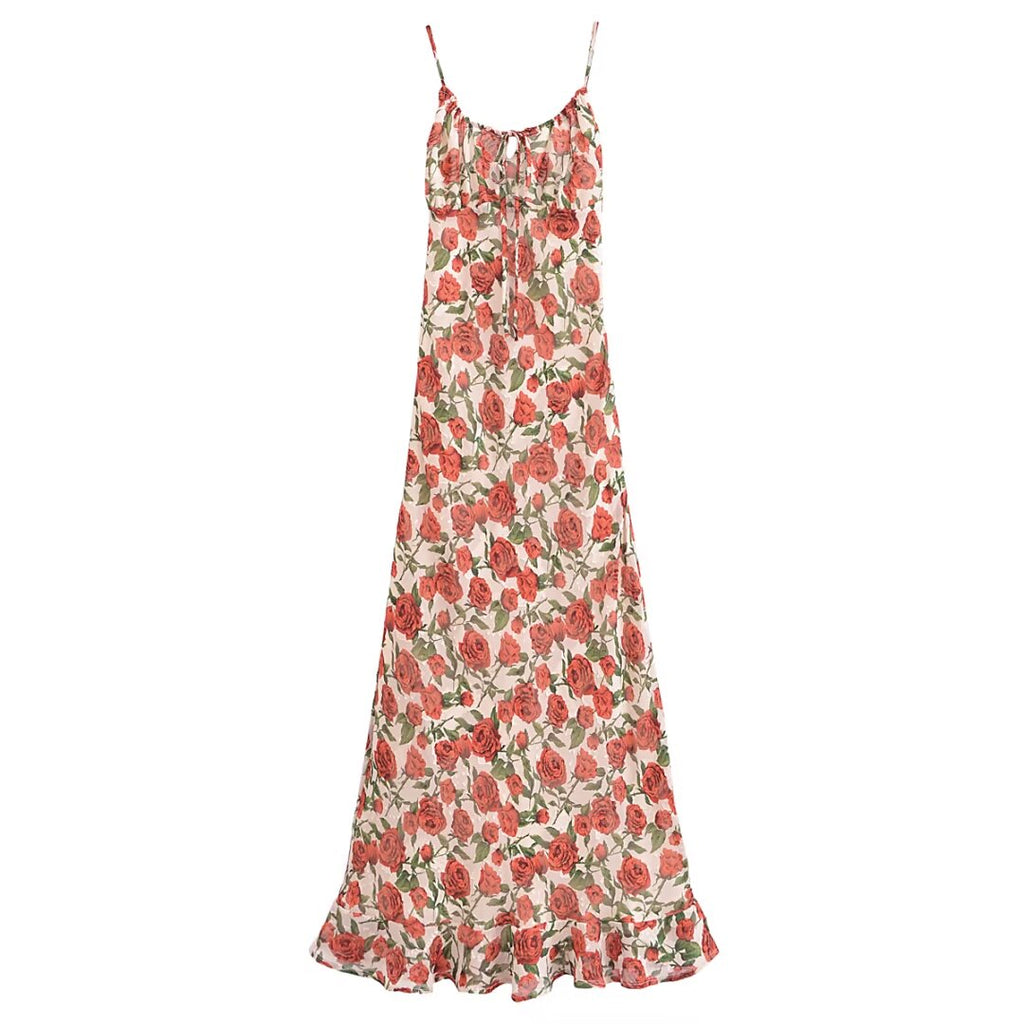 Women Rose Jacquard Printed Slim Waist Fishtail Cami Dress