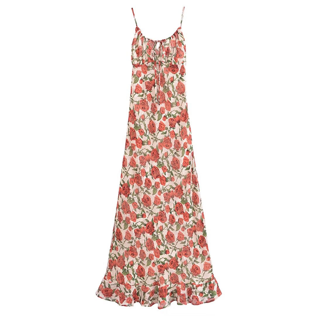 Women Rose Jacquard Printed Slim Waist Fishtail Cami Dress