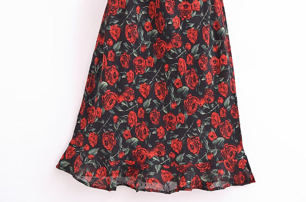 Women Rose Jacquard Printed Slim Waist Fishtail Cami Dress