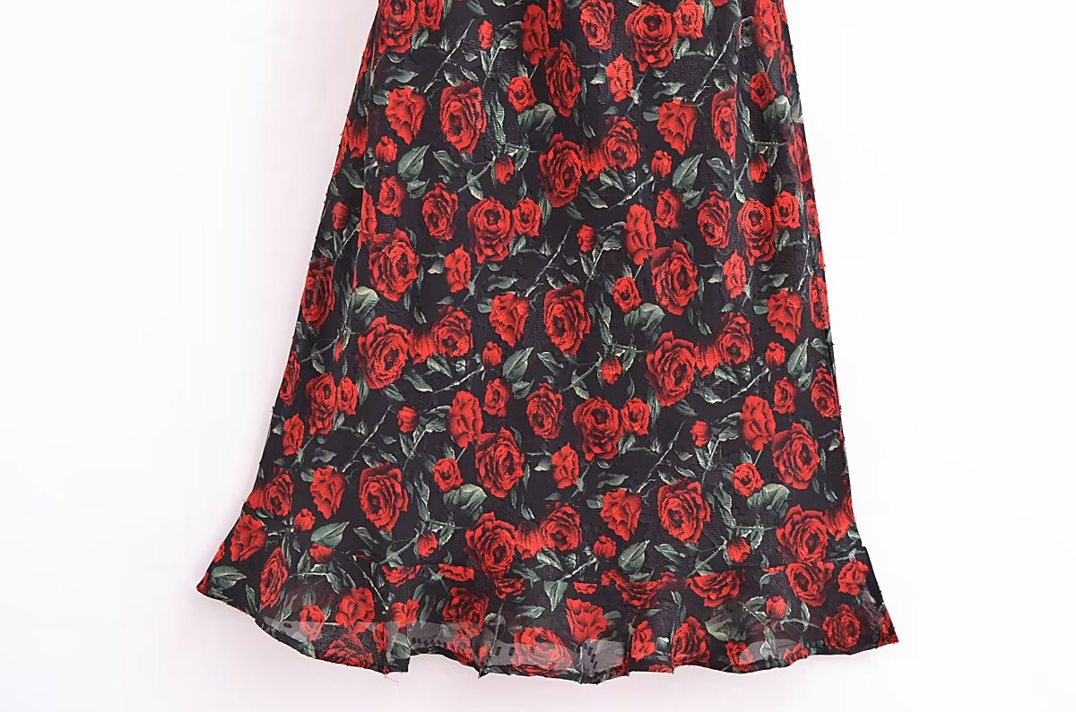 Women Rose Jacquard Printed Slim Waist Fishtail Cami Dress